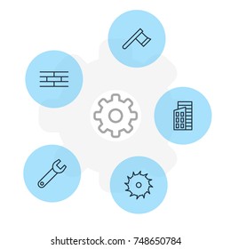 Vector Illustration Of 5 Industry Icons. Editable Pack Of Spanner, Hatchet, Circle Blade And Other Elements.