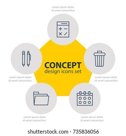 Vector Illustration Of 5 Instruments Icons. Editable Pack Of Calculate, Garbage Container, Dossier And Other Elements.