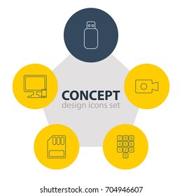 Vector Illustration Of 5 Laptop Icons. Editable Pack Of Storage, Movie Cam, Number Keypad And Other Elements.