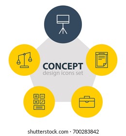 Vector Illustration Of 5 Management Icons. Editable Pack Of Board Stand, Portfolio , Calculate Elements.