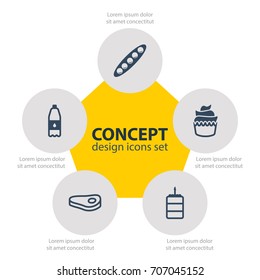 Vector Illustration Of 5 Meal Icons. Editable Pack Of Sirloin, Pastry, Filtered Water And Other Elements.