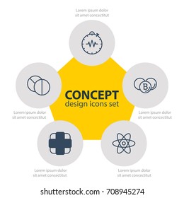Vector Illustration Of 5 Medicine Icons. Editable Pack Of Painkiller, Round Tablet, Pharmaceutical And Other Elements.
