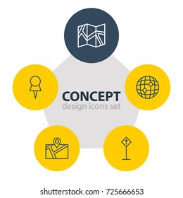 Vector Illustration Of 5 Navigation Icons. Editable Pack Of Pin, Paper Geography, Direction And Other Elements.