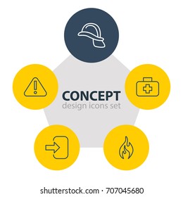 Vector Illustration Of 5 Necessity Icons. Editable Pack Of Exclamation, Burn, Hardhat And Other Elements.
