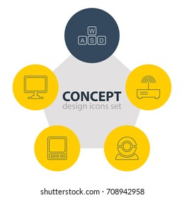 Vector Illustration Of 5 Notebook Icons. Editable Pack Of Pda, Screen, Web Camera And Other Elements.