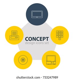 Vector Illustration Of 5 Notebook Icons. Editable Pack Of Tablet, Number Keypad, Printer And Other Elements.