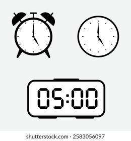 vector illustration of 5 o'clock, timer and 5 o'clock alarm