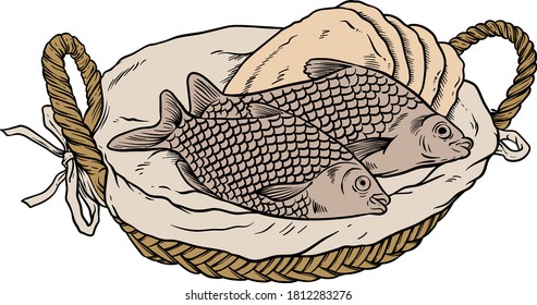 Vector Illustration of 5 pieces of bread and 2 Fishes