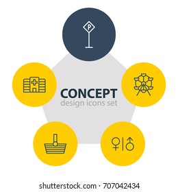Vector Illustration Of 5 Public Icons. Editable Pack Of Clinic, Road Sign, Ferris Wheel And Other Elements.