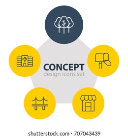 Vector Illustration Of 5 Public Icons. Editable Pack Of Clinic, Forest, Mail Box And Other Elements.