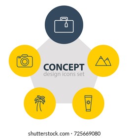 Vector Illustration Of 5 Season Icons. Editable Pack Of Suitcase , Island , Anti-Sun Cream Elements.