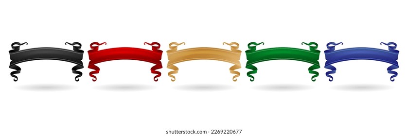 Vector illustration 5 set of colored ribbons elements isolated on white backgrounds for decks, collages, and scene designs, User interface, Branding or identity campaigns, Stationery and print layouts