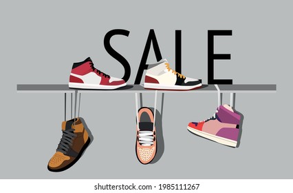 Vector illustration of 5 sneakers on the shelf. concept drawing.