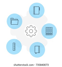 Vector Illustration Of 5 Stationery Icons. Editable Pack Of Dossier, Meter, Archive And Other Elements.
