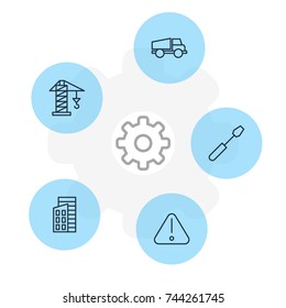 Vector Illustration Of 5 Structure Icons. Editable Pack Of Apartment, Lorry, Road Sign And Other Elements.
