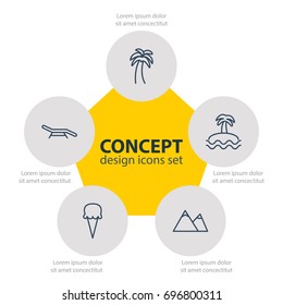 Vector Illustration Of 5 Summer Icons. Editable Pack Of Island , Palm , Sorbet Elements.