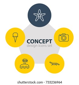 Vector Illustration Of 5 Summer Icons. Editable Pack Of Sorbet, Longue, Photo Apparatus And Other Elements.