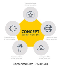 Vector Illustration Of 5 Summer Icons. Editable Pack Of Photo Apparatus, Island , Sunny Elements.