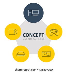 Vector Illustration Of 5 Technology Icons. Editable Pack Of Photography, PC, Dvd Drive And Other Elements.