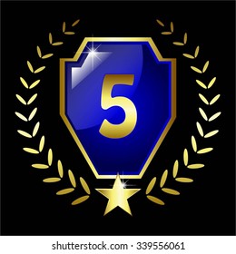 Vector illustration of 5 th anniversary. Gold on a blue - black background.