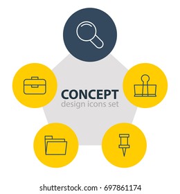Vector Illustration Of 5 Tools Icons. Editable Pack Of Portfolio, Dossier, Pushpin And Other Elements.