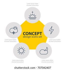 Vector Illustration Of 5 Weather Icons. Editable Pack Of Sunrise, Sunny, Sunlight And Other Elements.