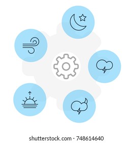 Vector Illustration Of 5 Weather Icons. Editable Pack Of Sunset, Crescent, Breeze And Other Elements.