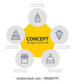 Vector Illustration Of 5 Wedding Icons. Editable Pack Of Wedding Gown, Bridegroom Dress, Patisserie And Other Elements.