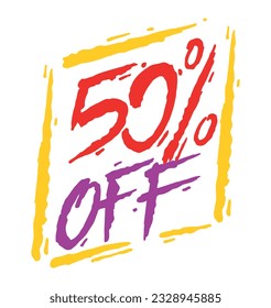 Vector illustration of 50% off label. Art in stylized and dynamic strokes.