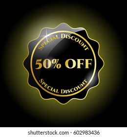 Vector Illustration of 50 Percentage off black golden shiny label.