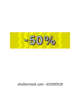 Vector illustration, -50% tag with hand drawn lettering on a trendy geometrical background
