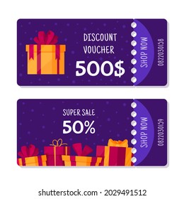 Vector illustration of $500 certificate and 50% coupon. 