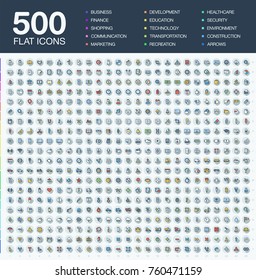 Vector Illustration Of 500 Flat Thin Line Business Icons. Finance, Shopping, Communication Technology, Market, App Develop, Education, Transport, Healthcare, Environment And Security. Color Symbol Set