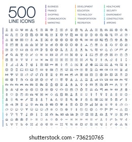 Vector Illustration Of 500 Thin Line Business Icons. Finance, Shopping, Communication Technology, Market, App Develop, Education, Transport, Healthcare, Environment And Security. Flat Art Symbols Set