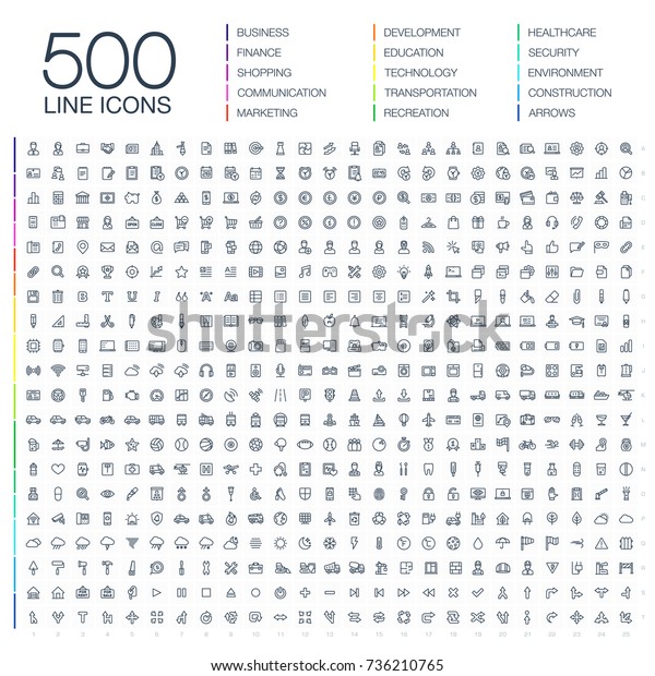 500本の細線のビジネスアイコンのベクターイラスト 金融 買い物 通信技術 市場 アプリ開発 教育 交通 医療 環境 セキュリティ フラットアート記号セット のベクター画像素材 ロイヤリティフリー