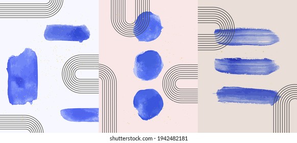 Vector illustration. 50s, 60s abstract contemporary hand drawn backgrounds. Design for poster, postcard, invitation, brochure cover. Room wall decor. Blue watercolor paints with golden splash dots.