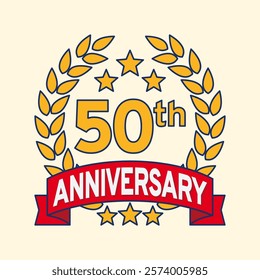 Vector illustration of 50th or 50 years anniversary logo featuring a laurel wreath, stars, and ribbon. Perfect for marking milestones, achievements, special events with an elegant and timeless design