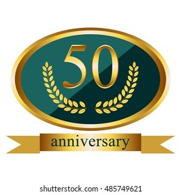 Vector illustration of 50th anniversary. Gold laurel wreath and ribbon.