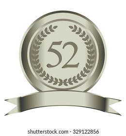 Vector illustration of 52 th anniversary. Silver award. Silver ribbon and laurel wreath on a white backround.