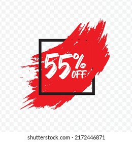 Vector illustration of 55 % Off discount tag with brush effect on red color and transparent background (PNG).