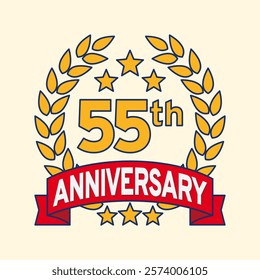 Vector illustration of 55th or 55 years anniversary logo featuring a laurel wreath, stars, and ribbon. Perfect for marking milestones, achievements, special events with an elegant and timeless design