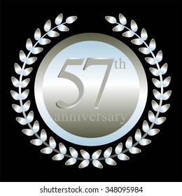Vector illustration of 57 anniversary. Silver laurel wreath on a black background.