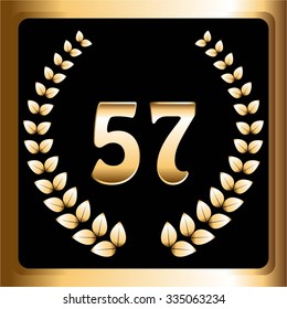 Vector illustration of 57th anniversary. Gold laurel wreath on a black background. Gold frame