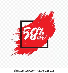 Vector illustration of 58 % OFF discount tag with brush effect on red color and transparent background (PNG).
