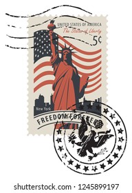 Vector illustration of a 5-cent USA postage stamp with a postmark in retro style. Postage stamp with statue of Liberty in background of american flag and New York skyscrapers and words Freedom forever