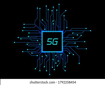 vector illustration of 5G chip processor technology, super speed CPU generation, digital background concept.