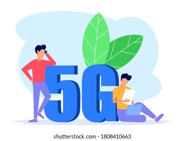 Ilustración vectorial de un concepto 5G. La gente usa dispositivos móviles con la mejor señal.