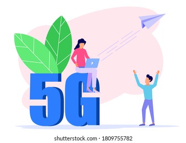 Vector illustration of a 5G concept. People use mobile devices with the best signal.