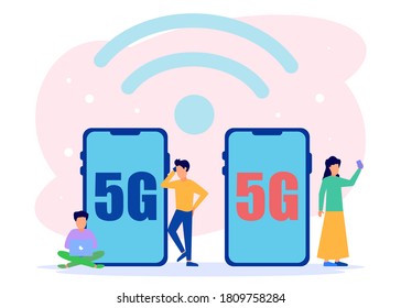 Vector illustration of a 5G concept. People use mobile devices with the best signal.