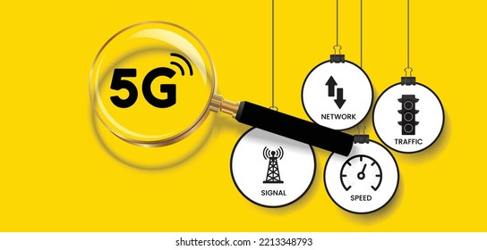 Vector illustration of 5G, fifth generation technology standard for broadband cellular networks. 5G Acronym banner with icons and keywords with magnifying glass on yellow background. 